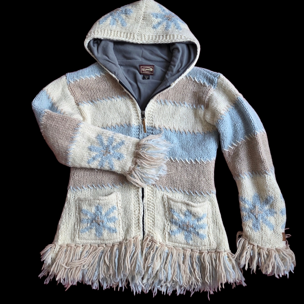 Kyber Outerwear Hooded Shacket 100% Wool Knit w Fringe & Fleece Lining